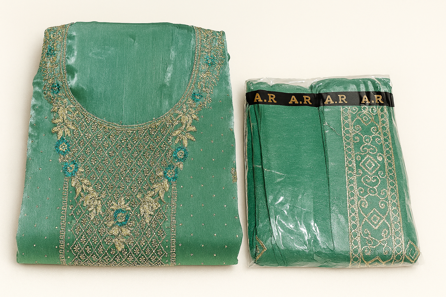 Jimmy Choo Inspired Organza Embroidered Royal Green Unstitched Suit Set
